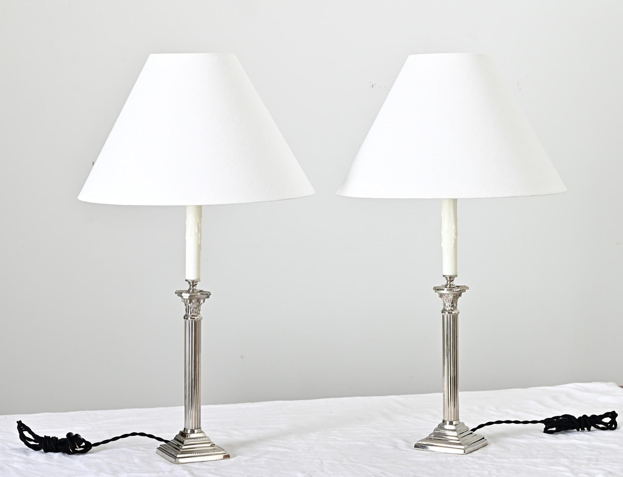 Neoclassical French Pair of Corinthian Column Lamps with Linen Shades For Sale