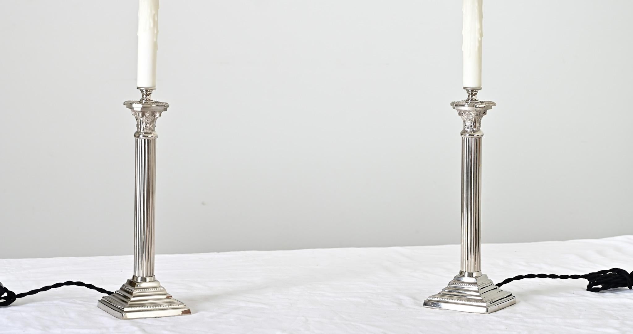 Cast French Pair of Corinthian Column Lamps with Linen Shades For Sale