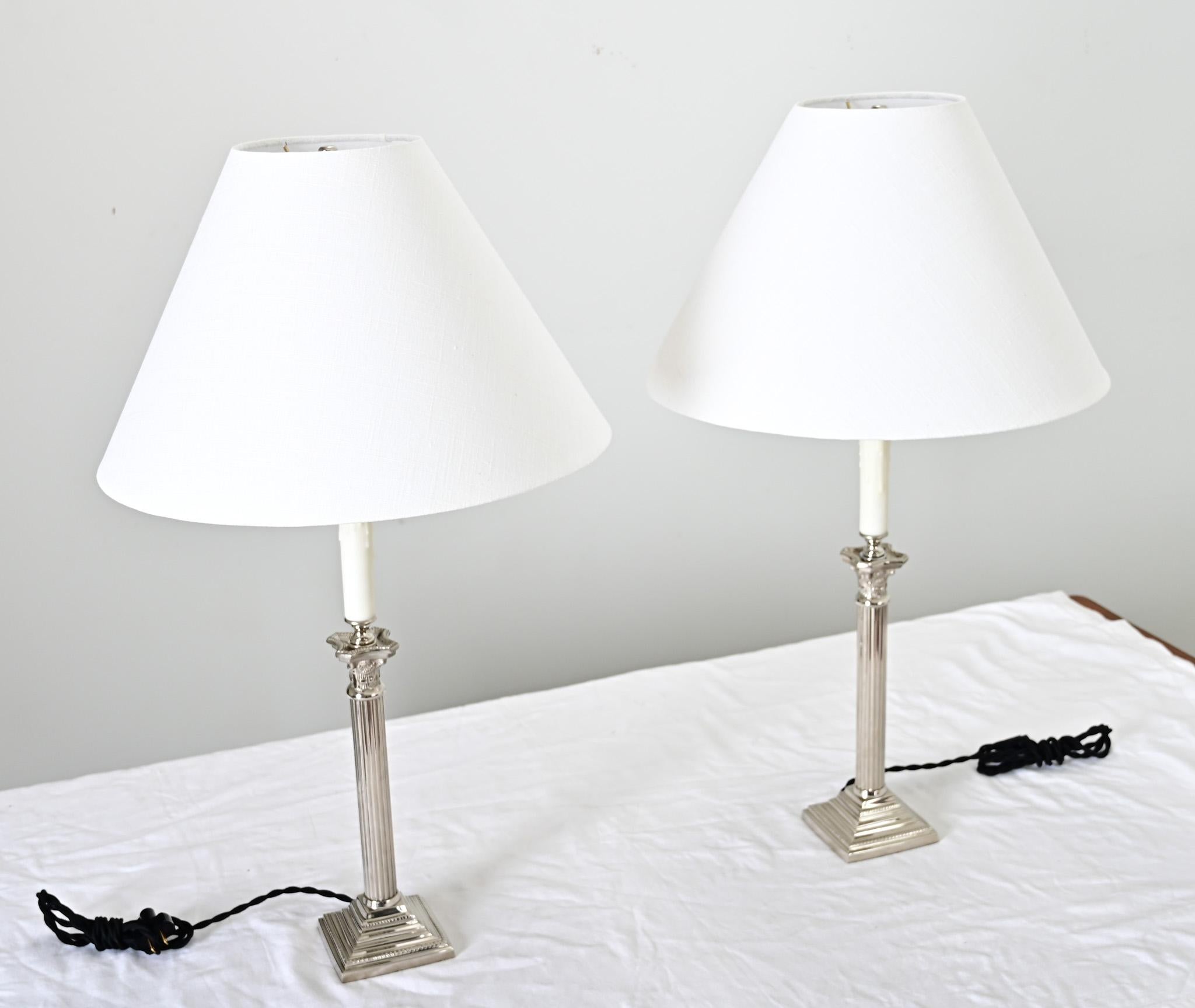 20th Century French Pair of Corinthian Column Lamps with Linen Shades For Sale