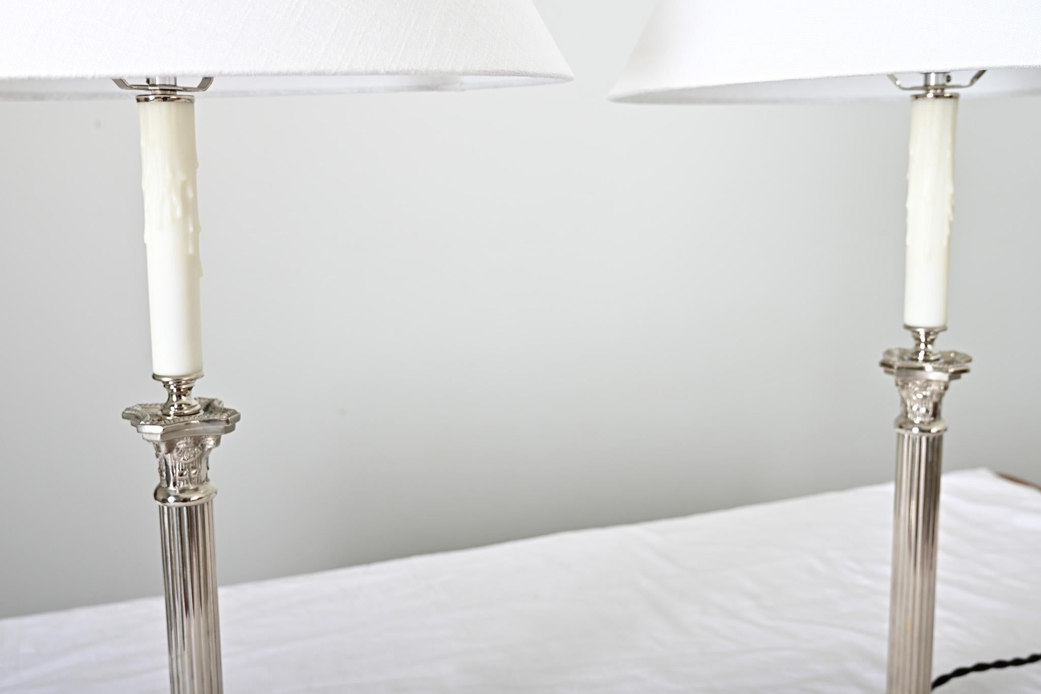 Metal French Pair of Corinthian Column Lamps with Linen Shades For Sale