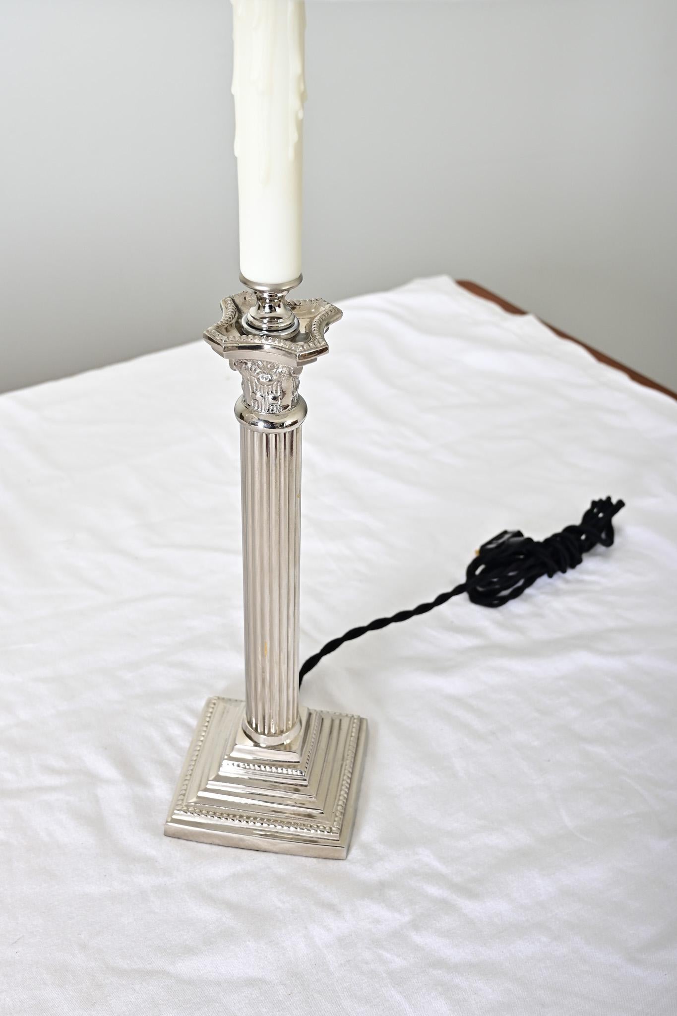 French Pair of Corinthian Column Lamps with Linen Shades For Sale 1