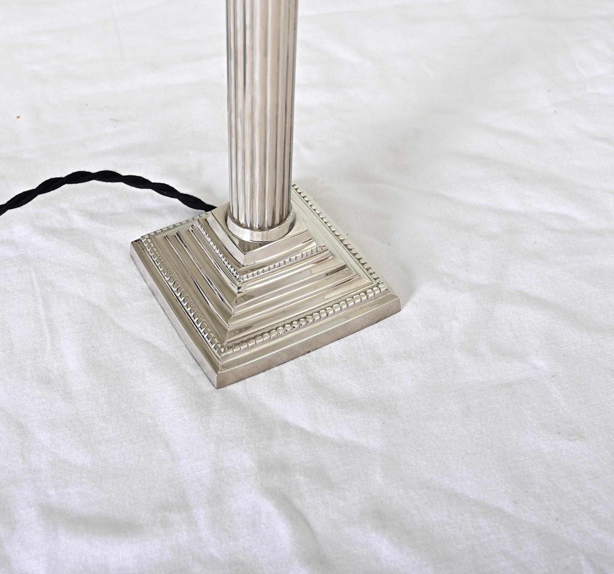 French Pair of Corinthian Column Lamps with Linen Shades For Sale 2