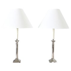 French Pair of Corinthian Column Lamps with Linen Shades