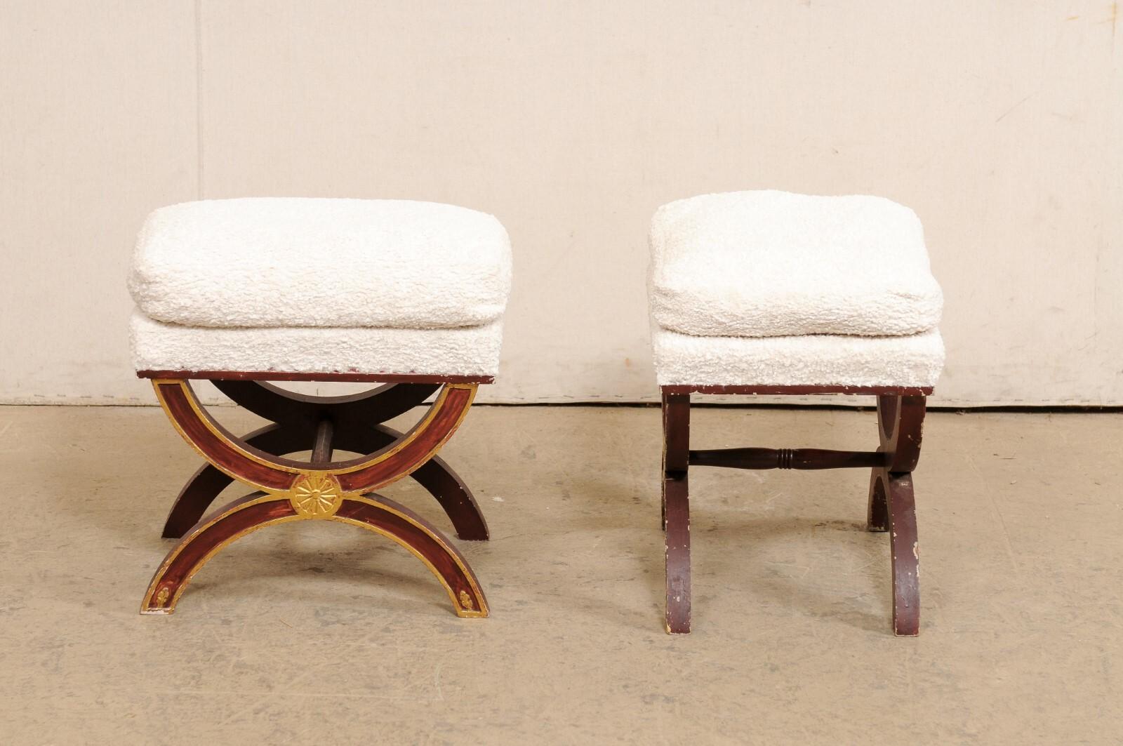 Wood French Pair of Curule Style Stools, Nubby Textured White Upholstery For Sale