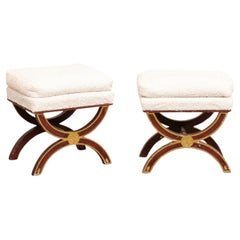 French Pair of Curule Style Stools, Nubby Textured White Upholstery