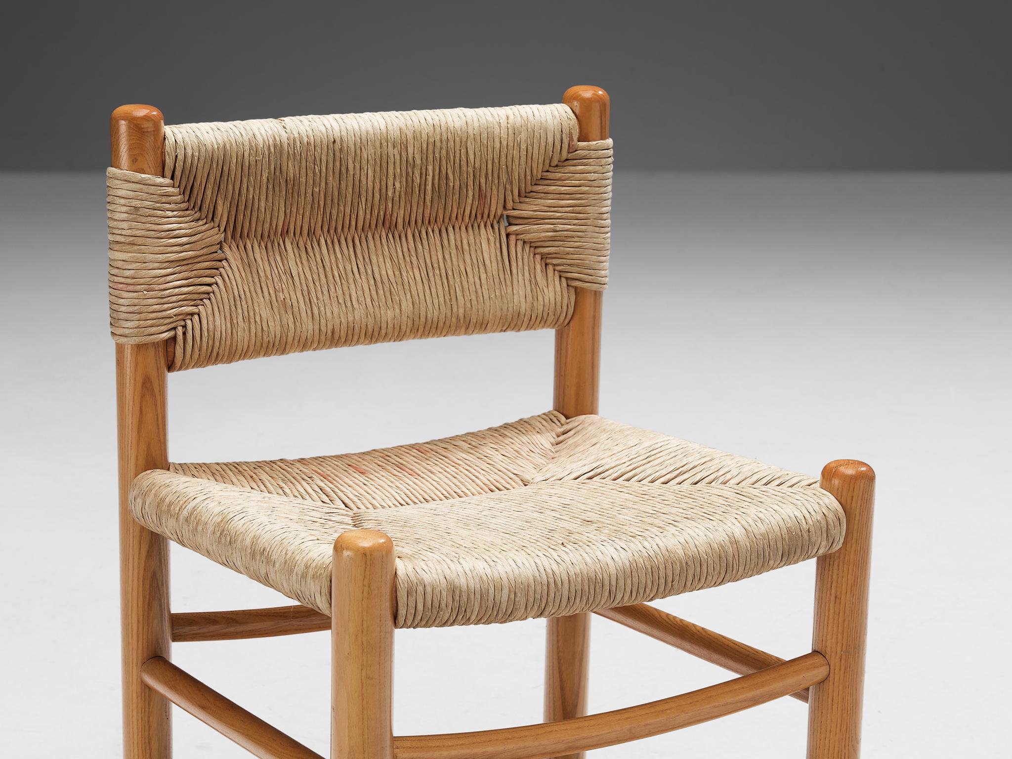 Mid-Century Modern French Pair of Dining Chairs in Ash and Straw