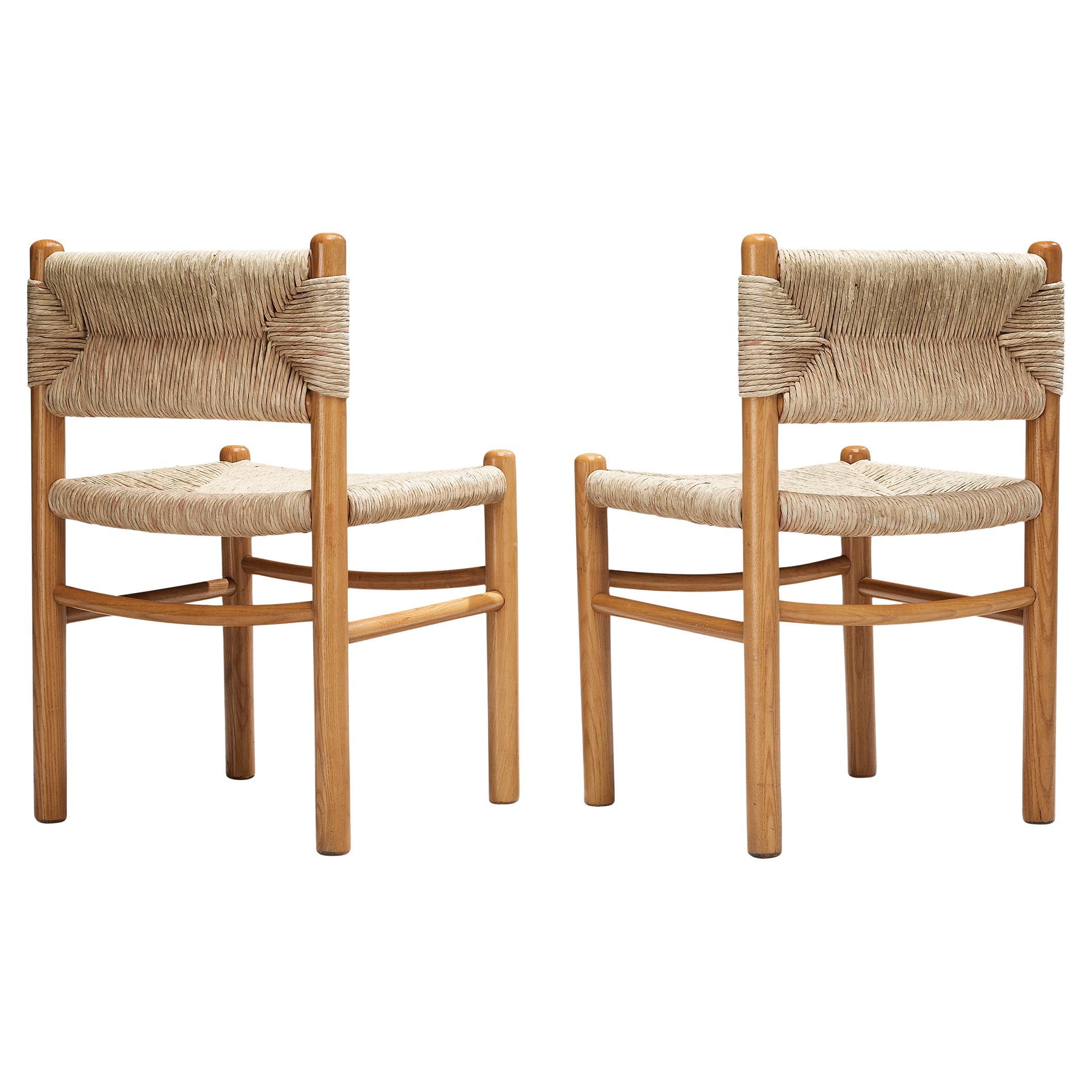 French Pair of Dining Chairs in Ash and Straw  For Sale