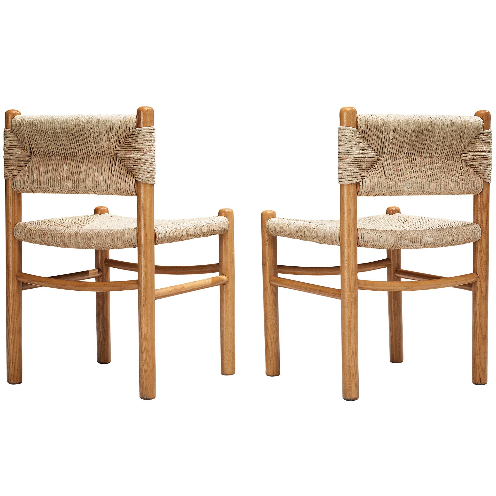 Paire de chaises de salle à manger français en frêne et paille en vente