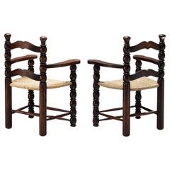 Vintage French Pair of Dining Chairs in Stained Wood and Rush 