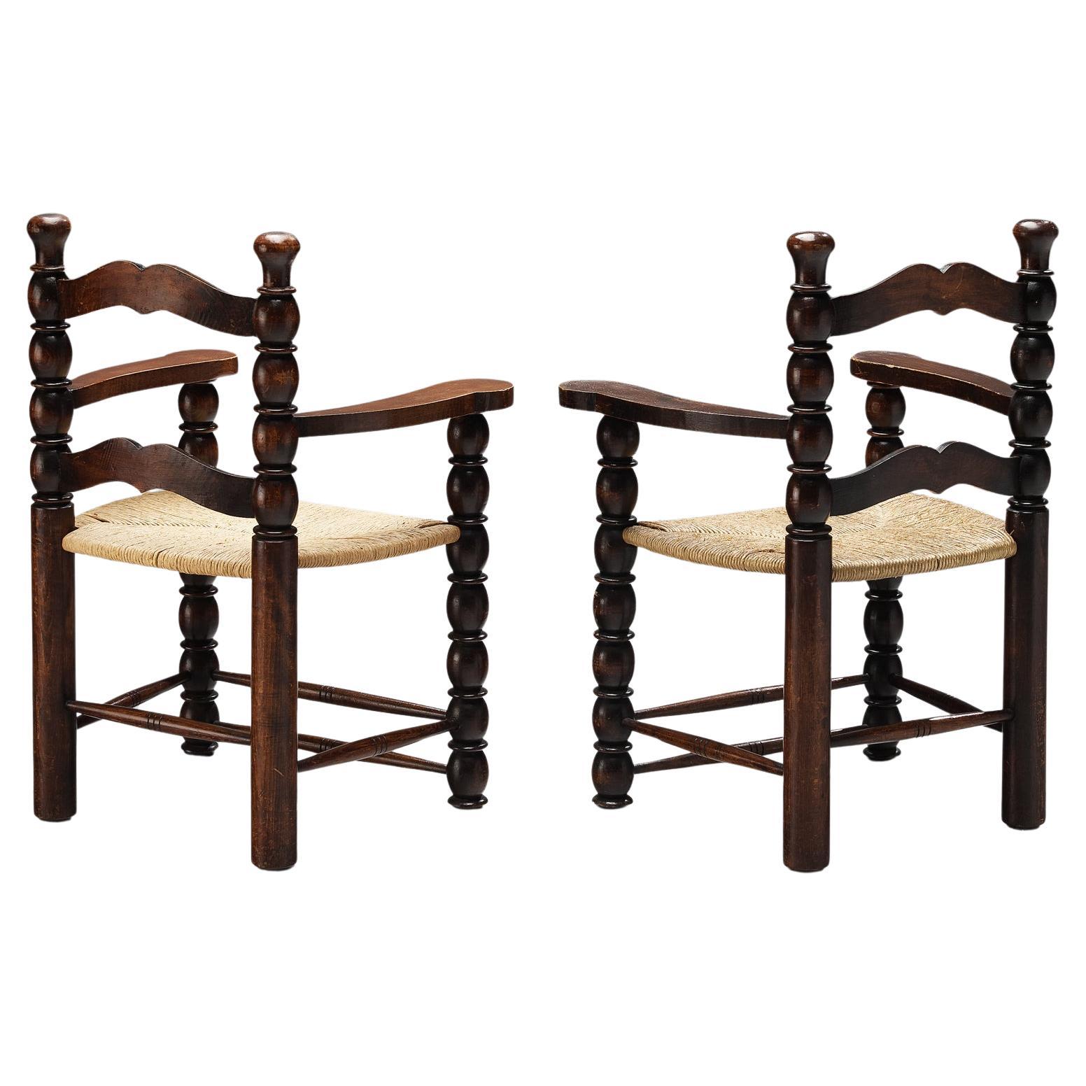 French Pair of Dining Chairs in Stained Wood and Straw