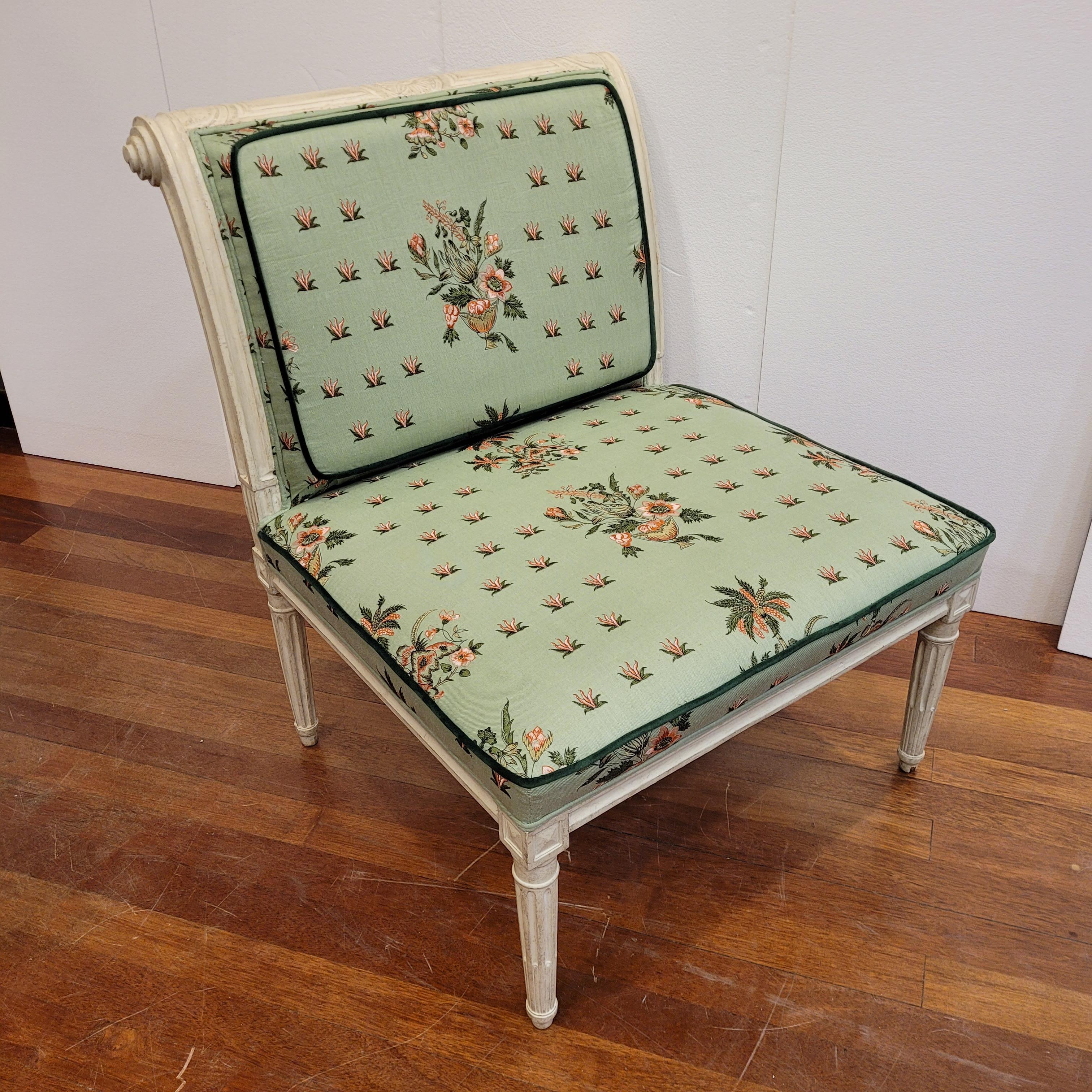French Pair of  Directoire style armchairs off white wood and Pierre Frey fabric For Sale 9