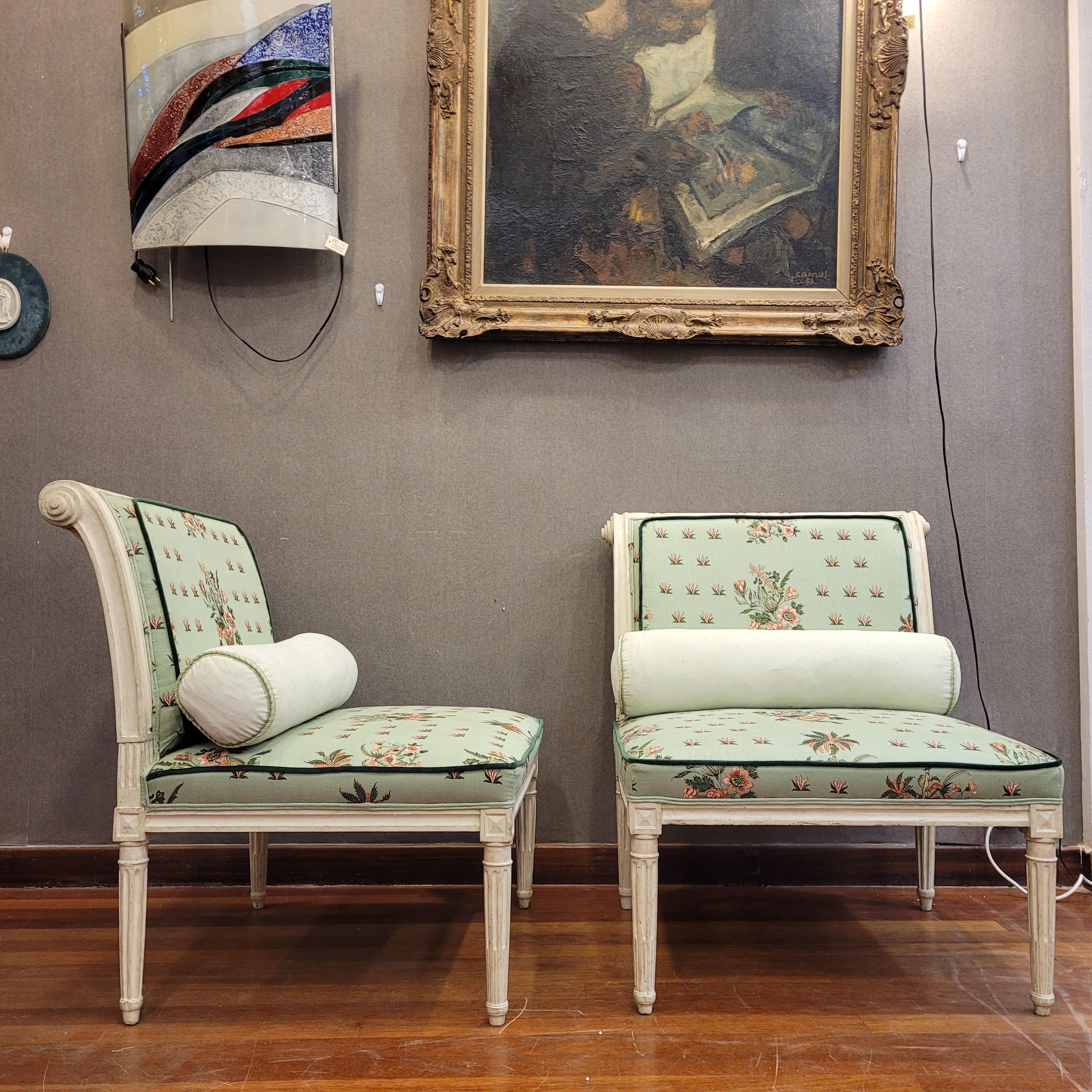 Hand-Crafted French Pair of  Directoire style armchairs off white wood and Pierre Frey fabric For Sale