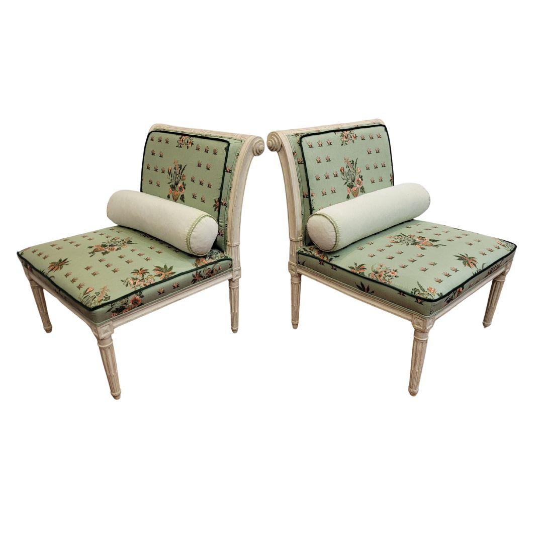 Early 20th Century French Pair of  Directoire style armchairs off white wood and Pierre Frey fabric For Sale