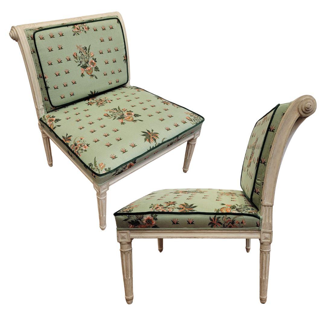 Fabric French Pair of  Directoire style armchairs off white wood and Pierre Frey fabric For Sale