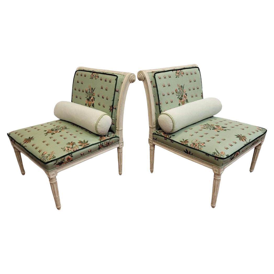 French Pair of  Directoire style armchairs off white wood and Pierre Frey fabric For Sale
