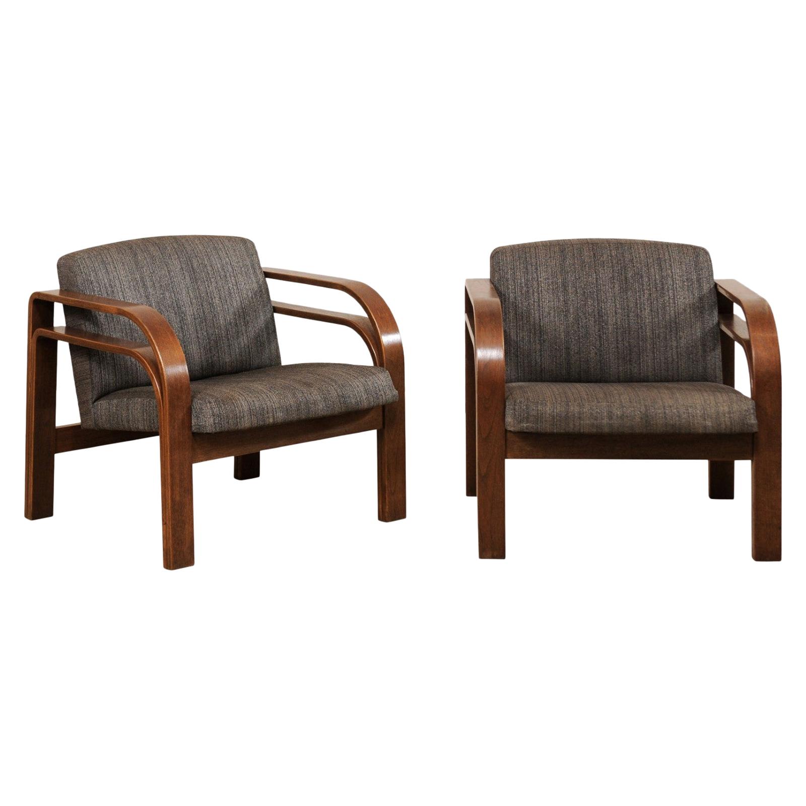 Französisches Paar Sessel aus doppeltem gebogenem Holz mit gepolsterter Sitzfläche und Rückenlehne im Angebot
