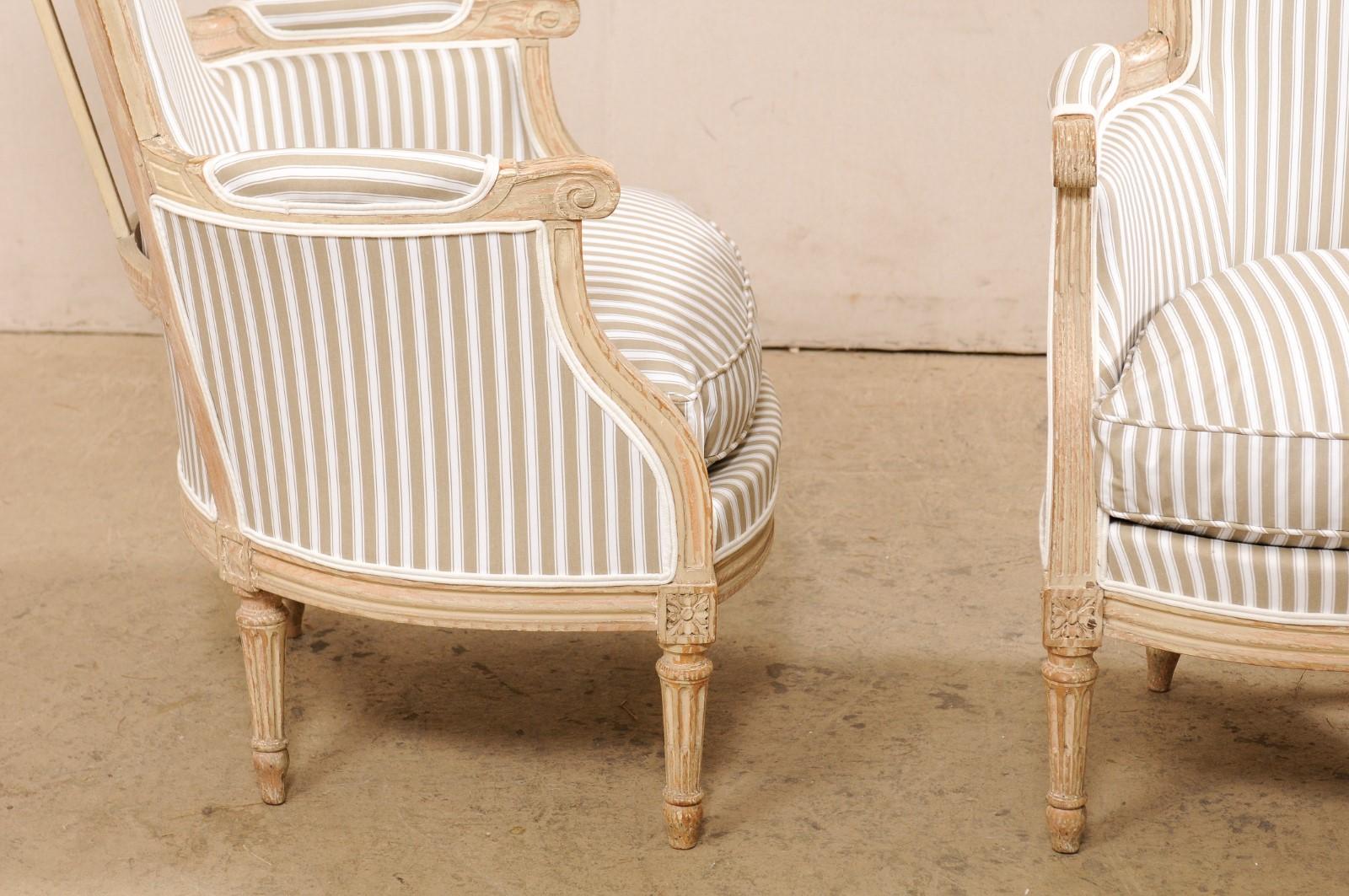 French Pair of Early 19th C. Bergère Chairs w/Tall Arched-Backs & New Upholstery 1