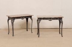 French Pair of Early 20th C. Neoclassic Style Metal Tables w/Newer Marble Tops