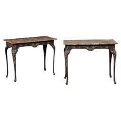 French Pair of Early 20th C. Neoclassic Style Metal Tables w/Newer Marble Tops