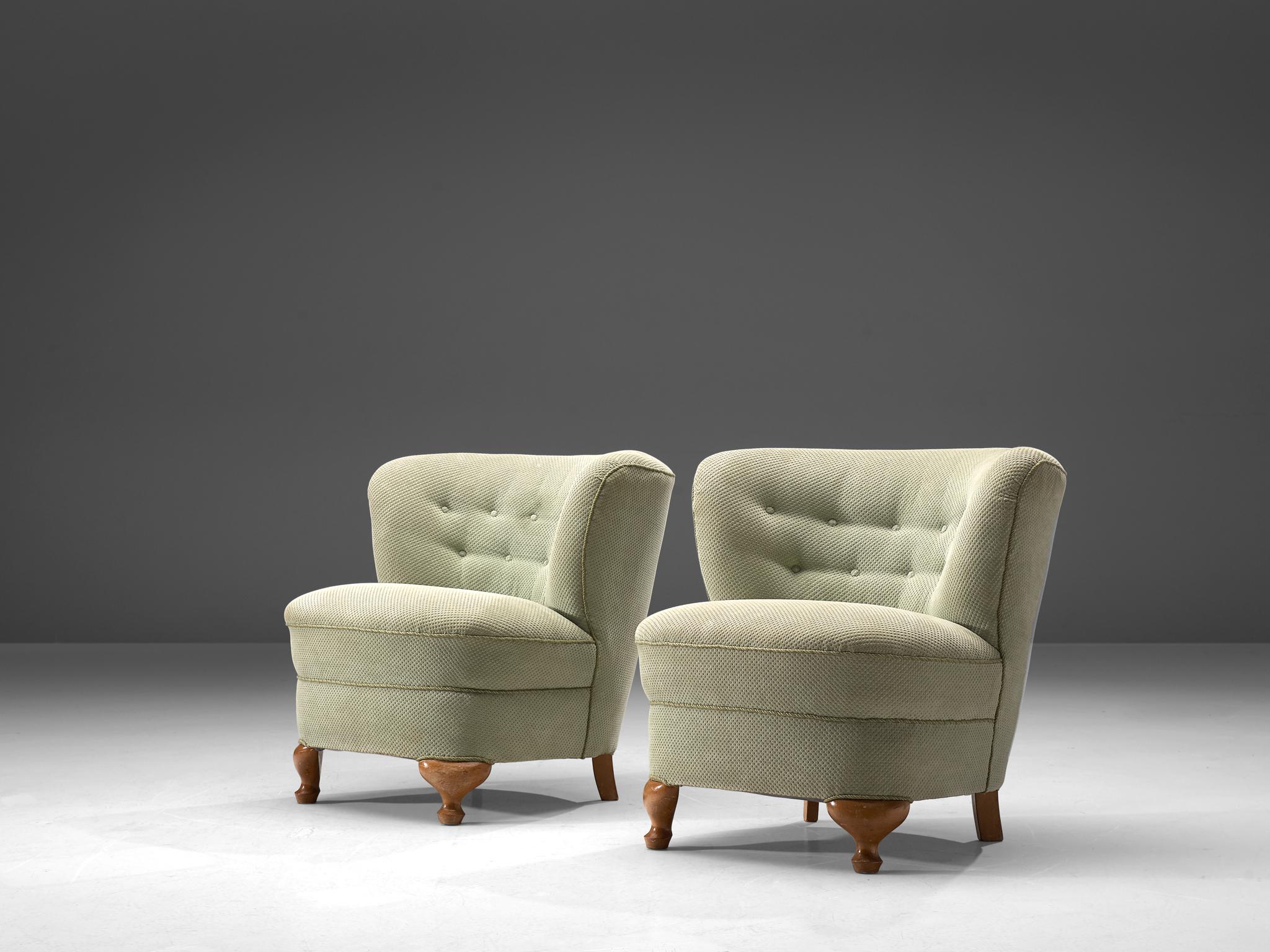 Mid-Century Modern French Pair of Easy Chairs in Light Green Fabric