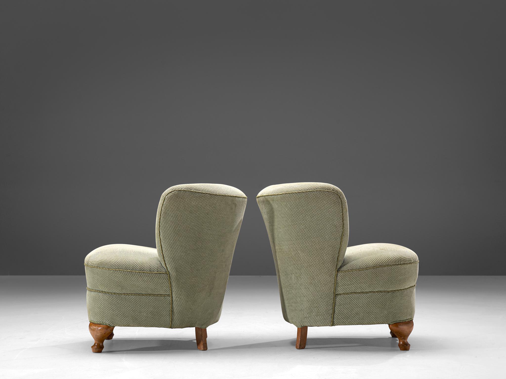 Mid-20th Century French Pair of Easy Chairs in Light Green Fabric