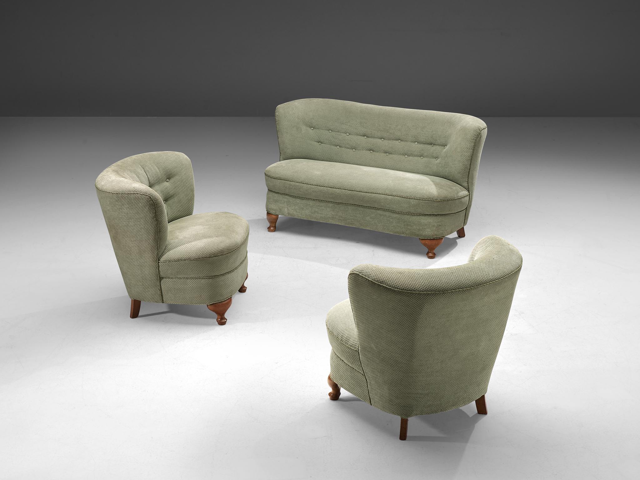 French Pair of Easy Chairs in Light Green Fabric 3