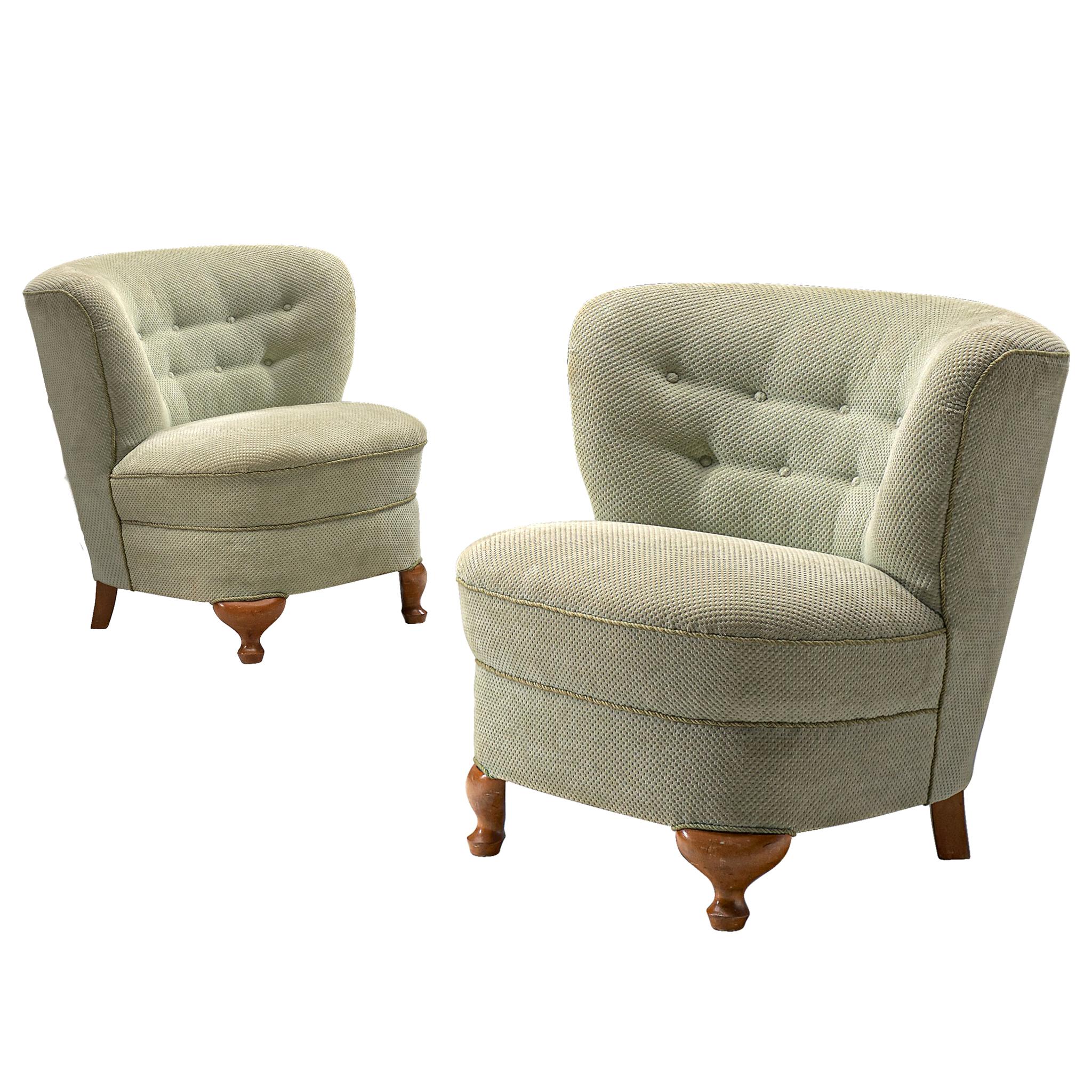French Pair of Easy Chairs in Light Green Fabric