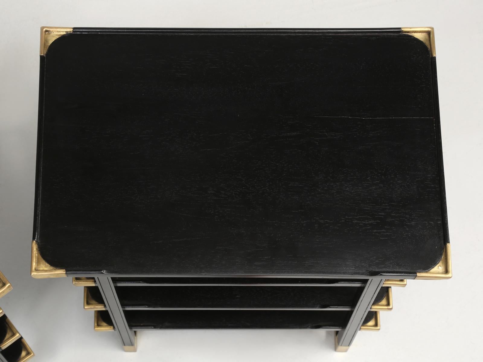 Hand-Crafted French Pair of Ebonized Mahogany and Brass, End or Side Tables or Nightstands
