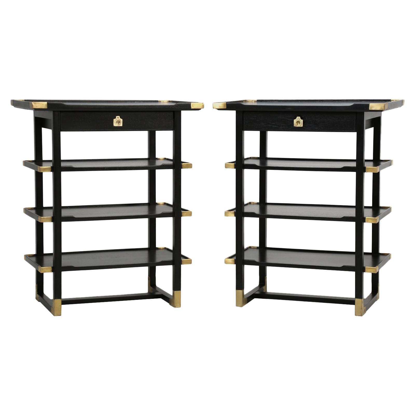 French Pair of Ebonized Mahogany and Brass, End or Side Tables or Nightstands