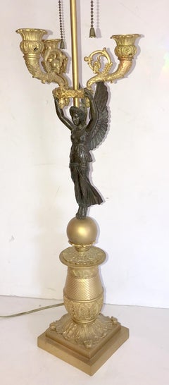 French Pair of Empire Patina Dore Bronze Winged Lady Victory Candelabras