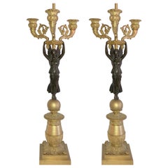 French Pair of Empire Patina Dore Bronze Winged Lady Victory Candelabras