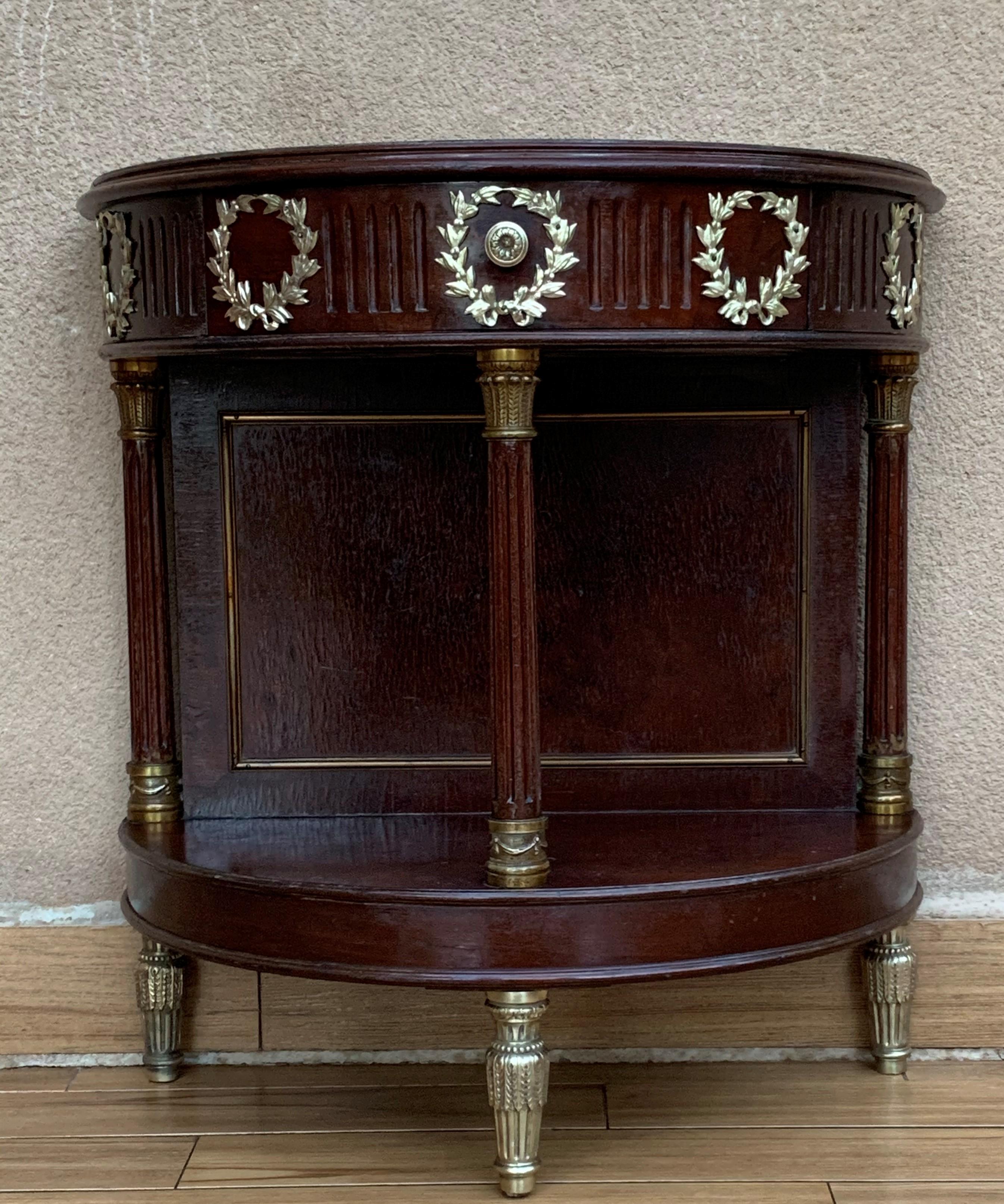 Empire Revival French Pair of Empire Style Demilune Nightstands with One Drawer & Bronze Mounts For Sale