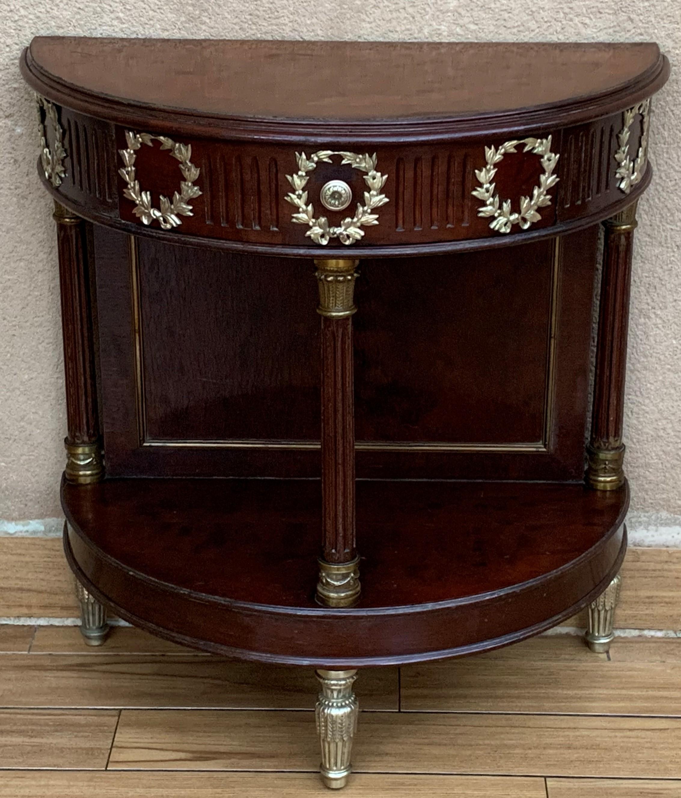 French Pair of Empire Style Demilune Nightstands with One Drawer & Bronze Mounts In Good Condition For Sale In Miami, FL