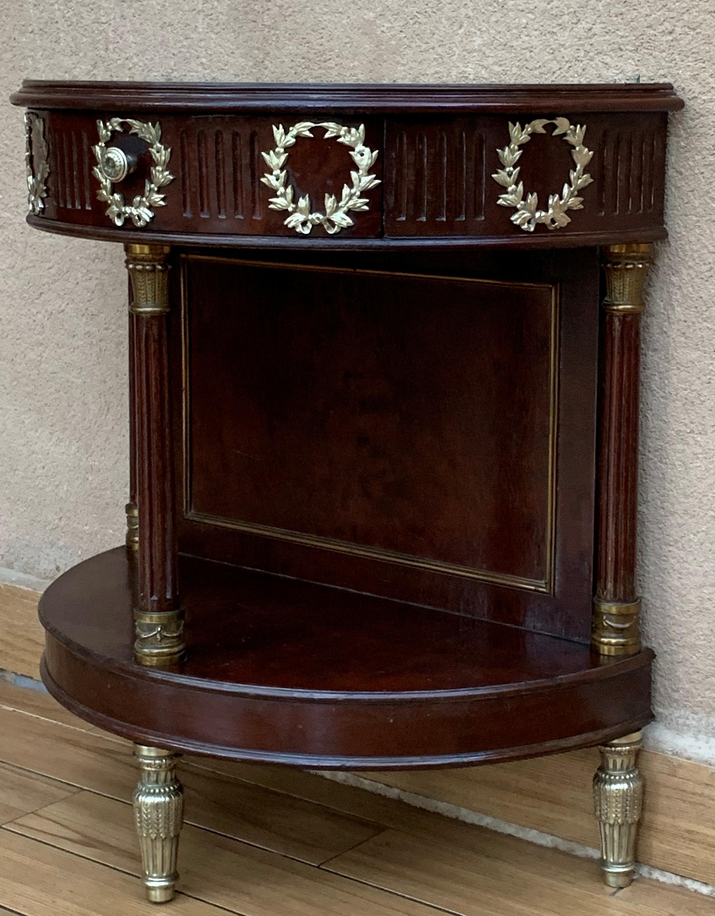 20th Century French Pair of Empire Style Demilune Nightstands with One Drawer & Bronze Mounts For Sale