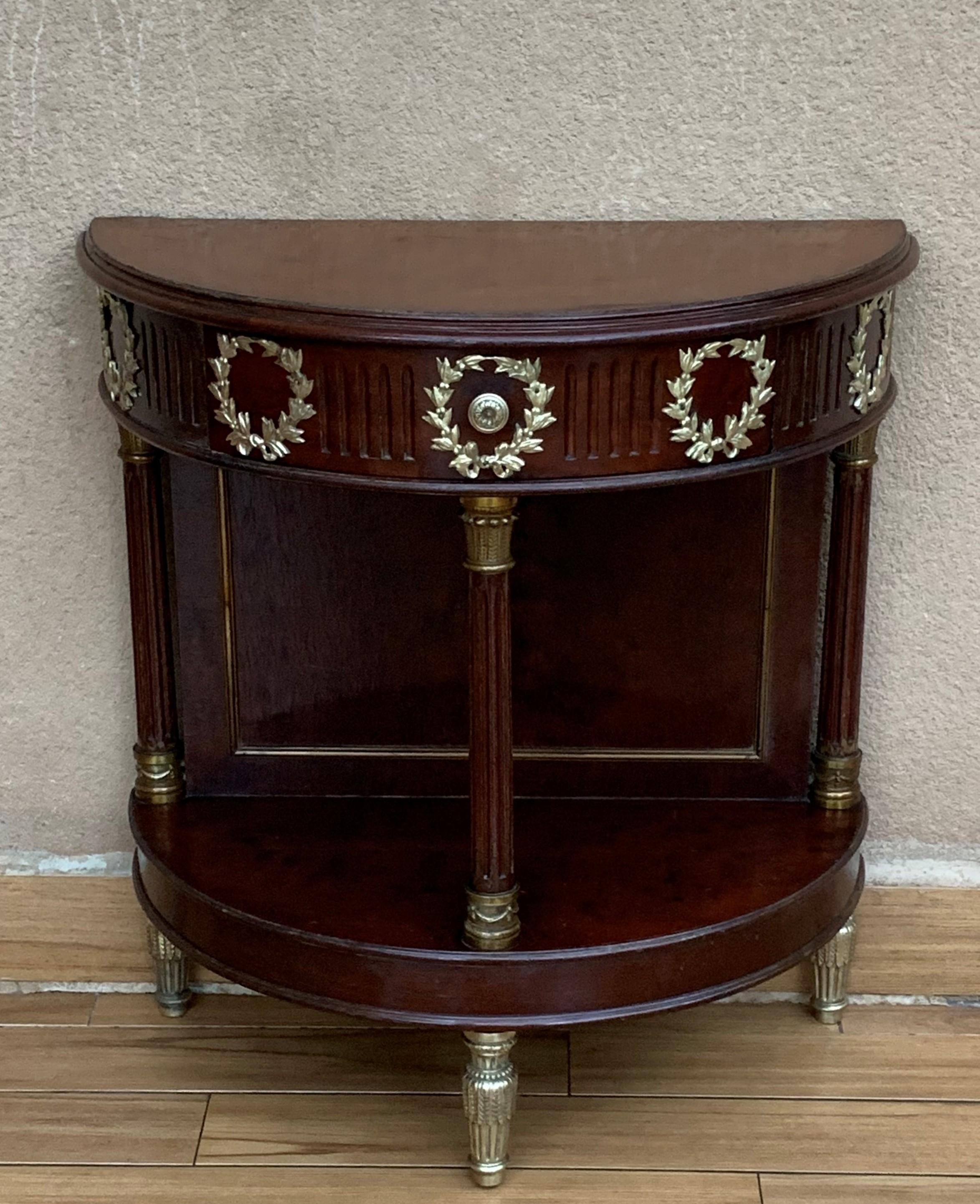 French Pair of Empire Style Demilune Nightstands with One Drawer & Bronze Mounts For Sale 3