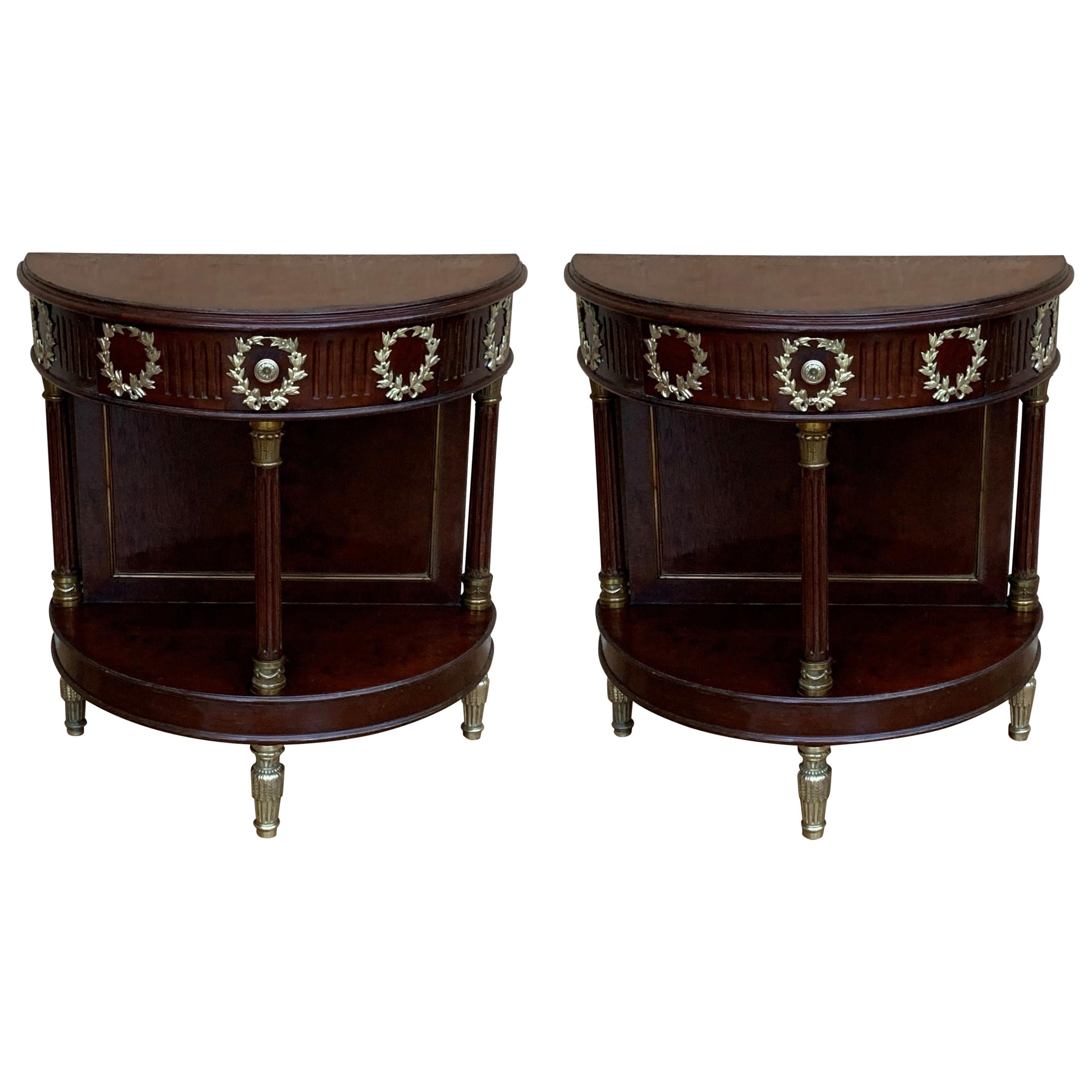 French Pair of Empire Style Demilune Nightstands with One Drawer & Bronze Mounts For Sale