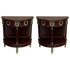 French Pair of Empire Style Demilune Nightstands with One Drawer & Bronze Mounts
