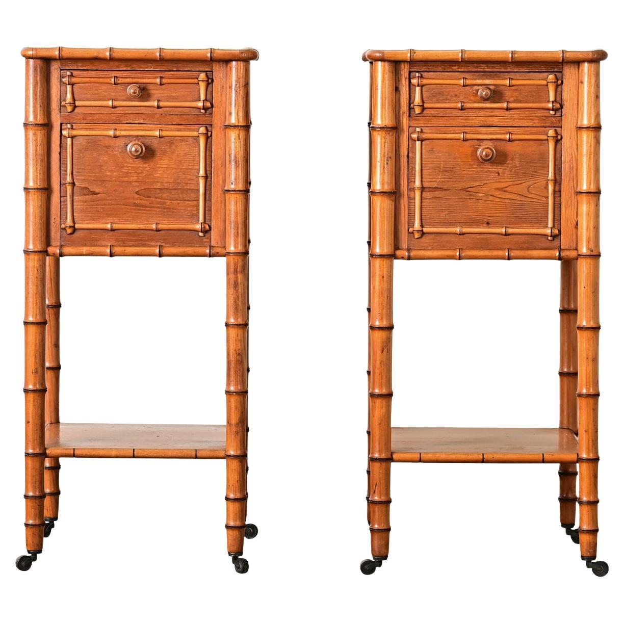 French Pair of Faux Bamboo Bedside Tables