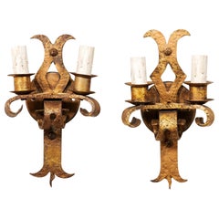 Vintage French Pair of Fleur-de-Lys Motif Gold-Tone Iron Two-Light Sconces