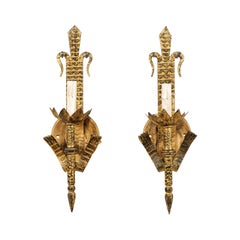 French Pair of Fleur-di-lys Motif Iron Torch Light Sconces, Mid-20th Century