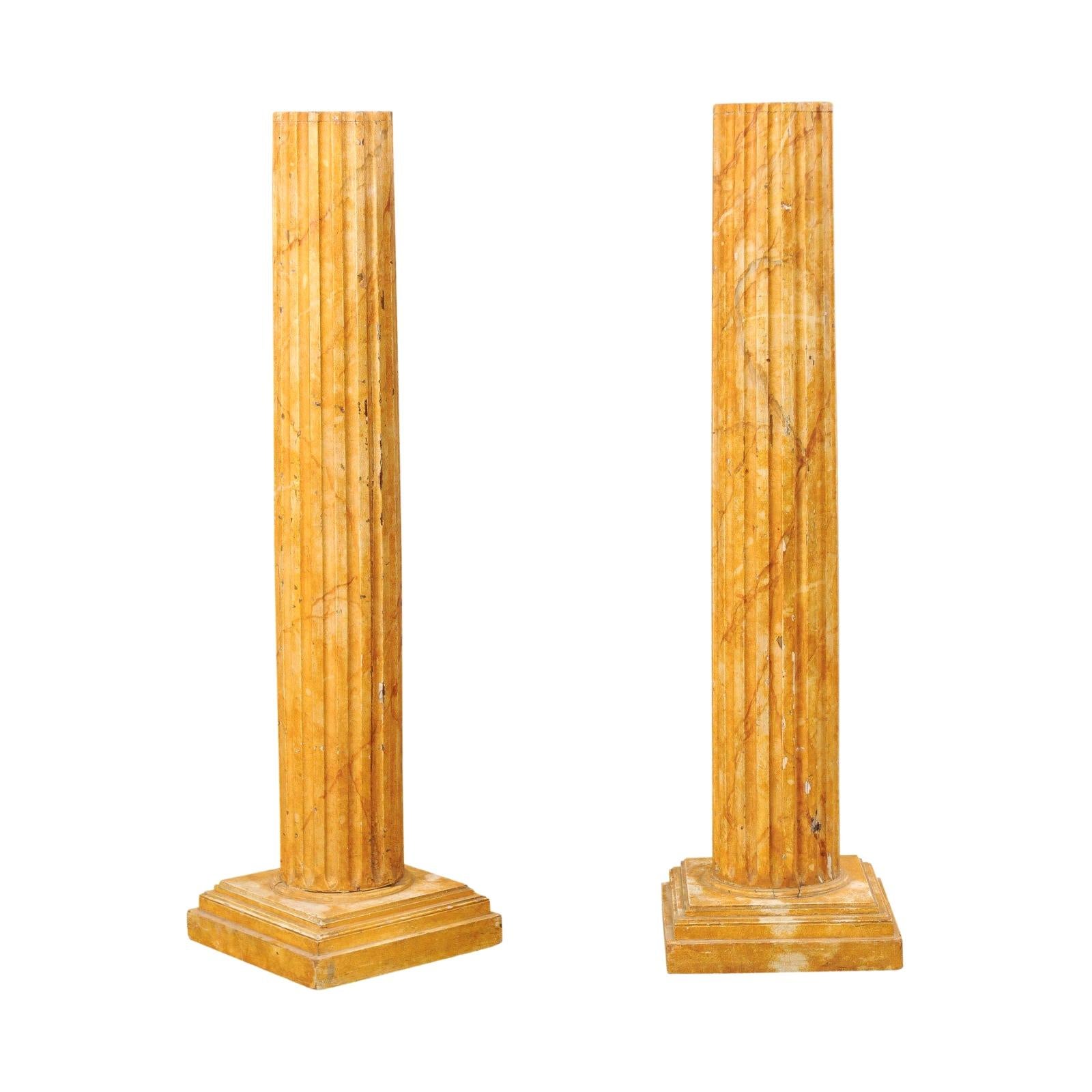 French Pair of Fluted Columns with Faux Marble Finish, Mid-20th Century