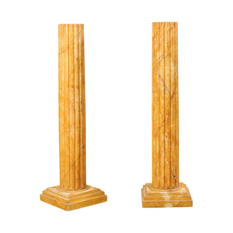 French Pair of Fluted Columns with Faux Marble Finish, Mid20th Century