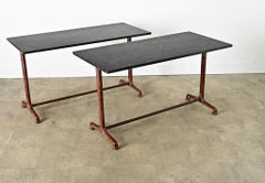 French Pair of Fossil Marble Iron Trestle Base Bistro Tables