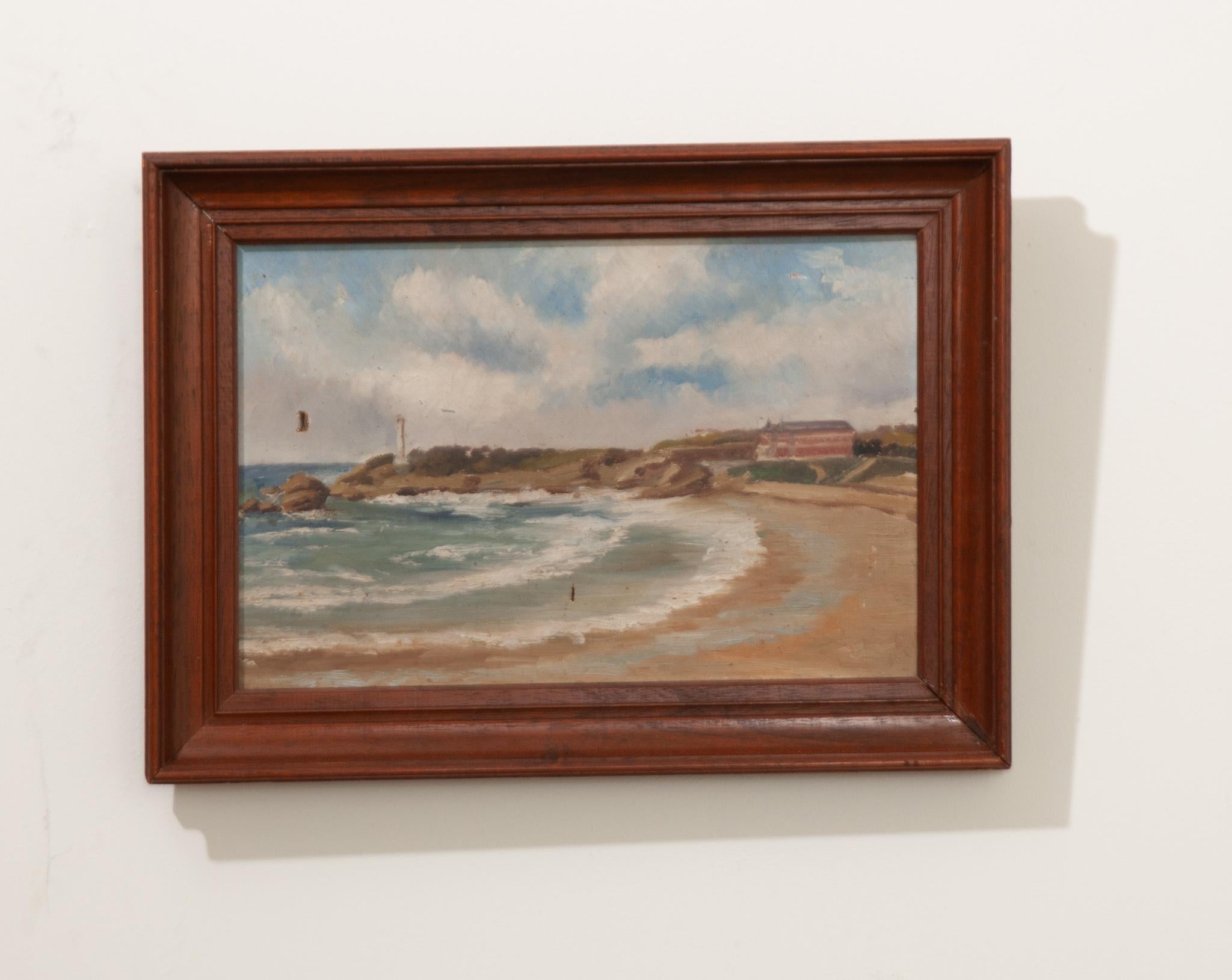 A charming pair of French seascape paintings using muted colors. The texture of the artwork is interesting and complex. Both paintings were painted on canvas and are framed in a solid oak frame. There are some damages to the canvas, be sure to view