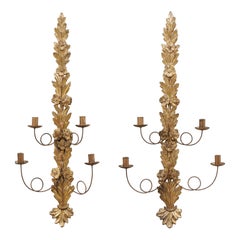 French Pair of Garland Carved & Gilt Wood Candle Wall Sconces, Mid 20th C.