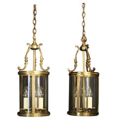 French Pair of Gilded Brass Convex Antique Hall Lanterns