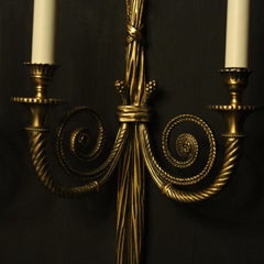 French Pair of Gilded Brass Twin Arm Rope Wall Lights
