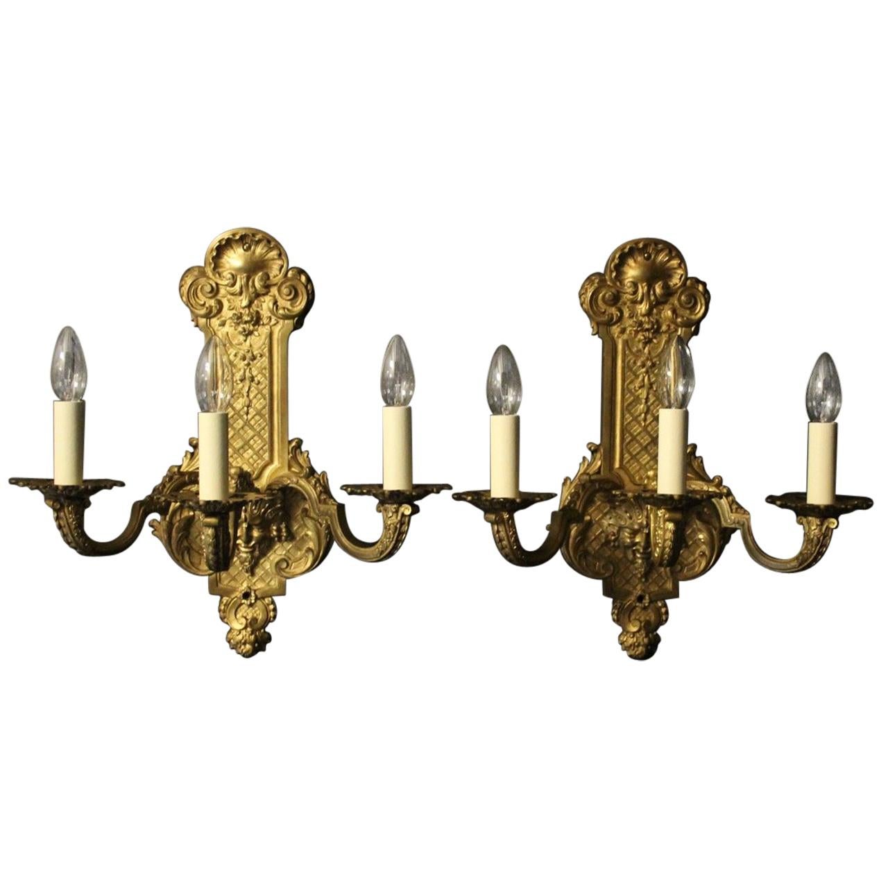 French Pair of Gilded Bronze 19th Century Antique Wall Lights at 1stDibs
