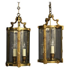 French Pair of Gilded Bronze Antique Hall Lanterns