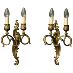 French Pair of Gilded Bronze Antique Wall Sconces